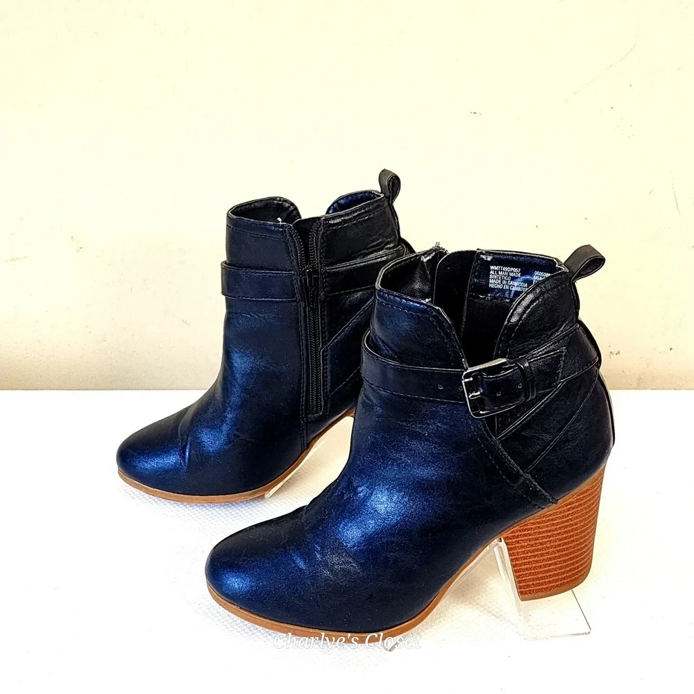 Casual Ankle Boots 8 Black Block Heel Buckle Rustic Boho Biker Mountain‎